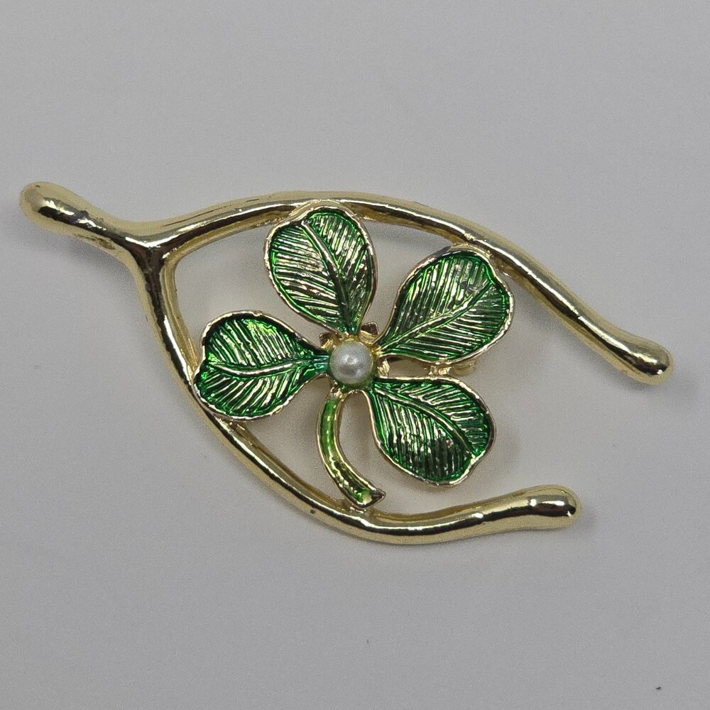Vintage Gerry’s Lucky Wishbone Brooch Green Clover Faux Pearl Gold Tone - Picture 2 of 7